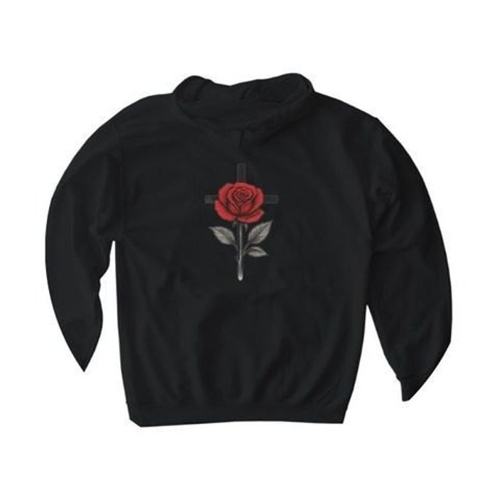 Black CLOSER hoodie, back with rose and cross