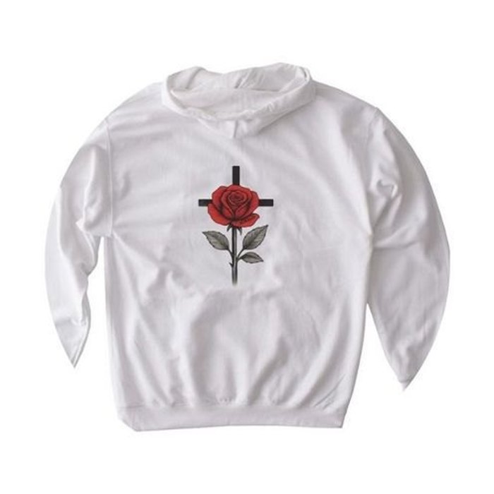 White CLOSER hoodie, back with rose and cross